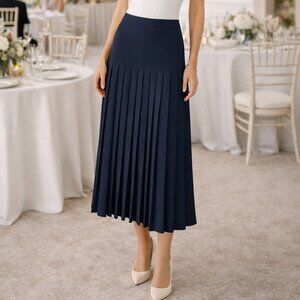 Vtg ESCADA by Margaretha Ley Dark Navy Blue Wool Drop Waist Pleated Skirt